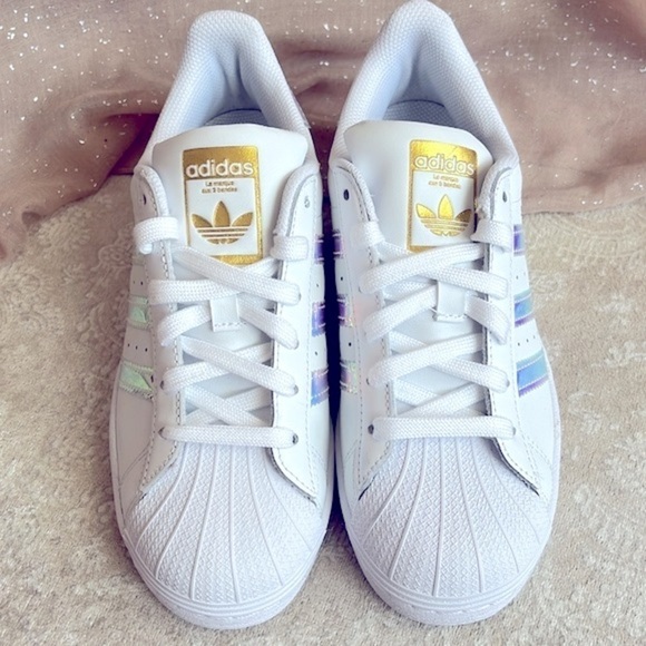 Brand New Adidas Originals Superstar White Lace Up Sneakers Iridescent 3-Stripe - Picture 3 of 16